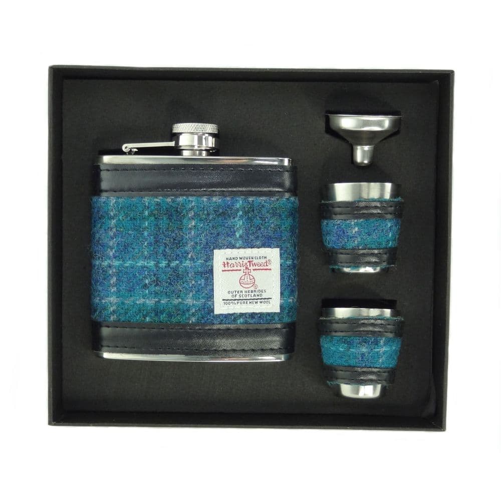 6oz Harris Tweed Hip Flask Gift Set in Gift Box in Sea Green Check