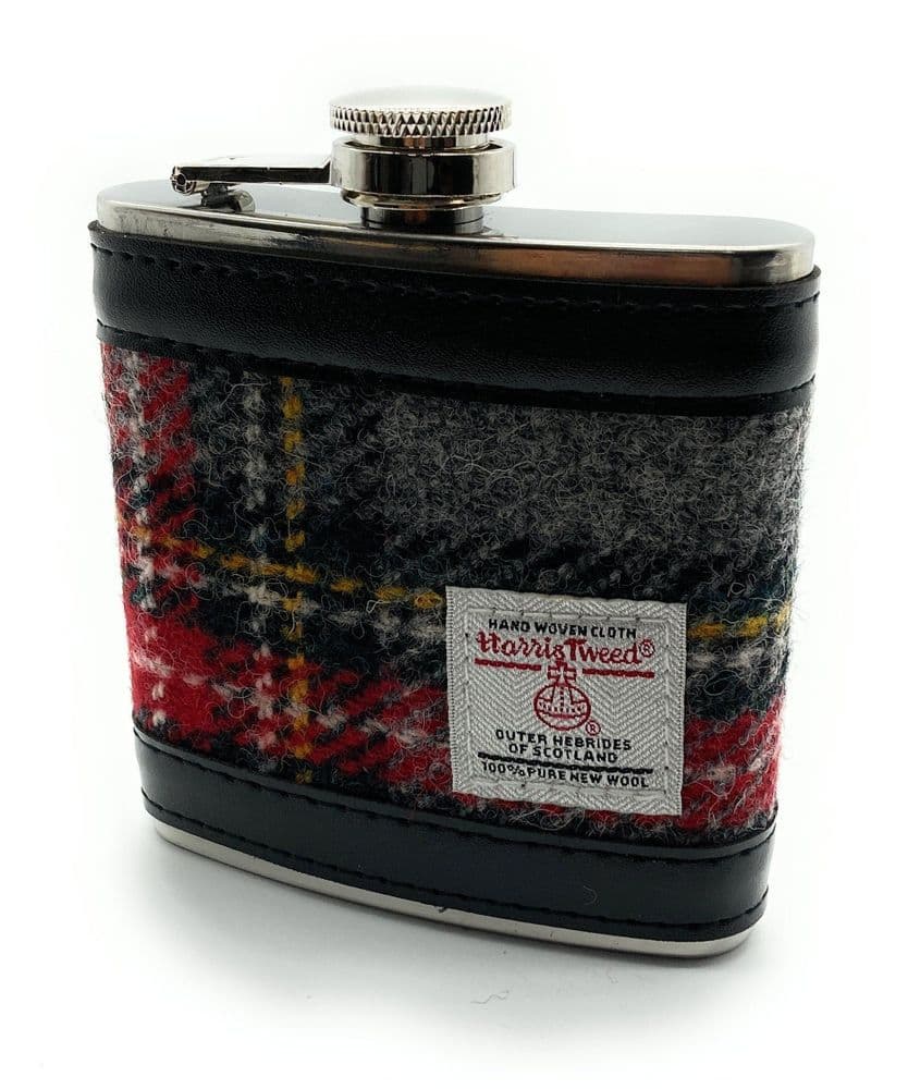 Authentic Harris Tweed 6oz Hip Flask Grey & Red Check