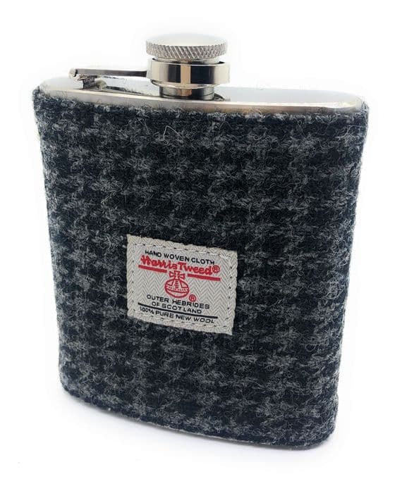 Authentic Harris Tweed 7oz Hip Flask Black & Grey Houndstooth  - Made in Scotland