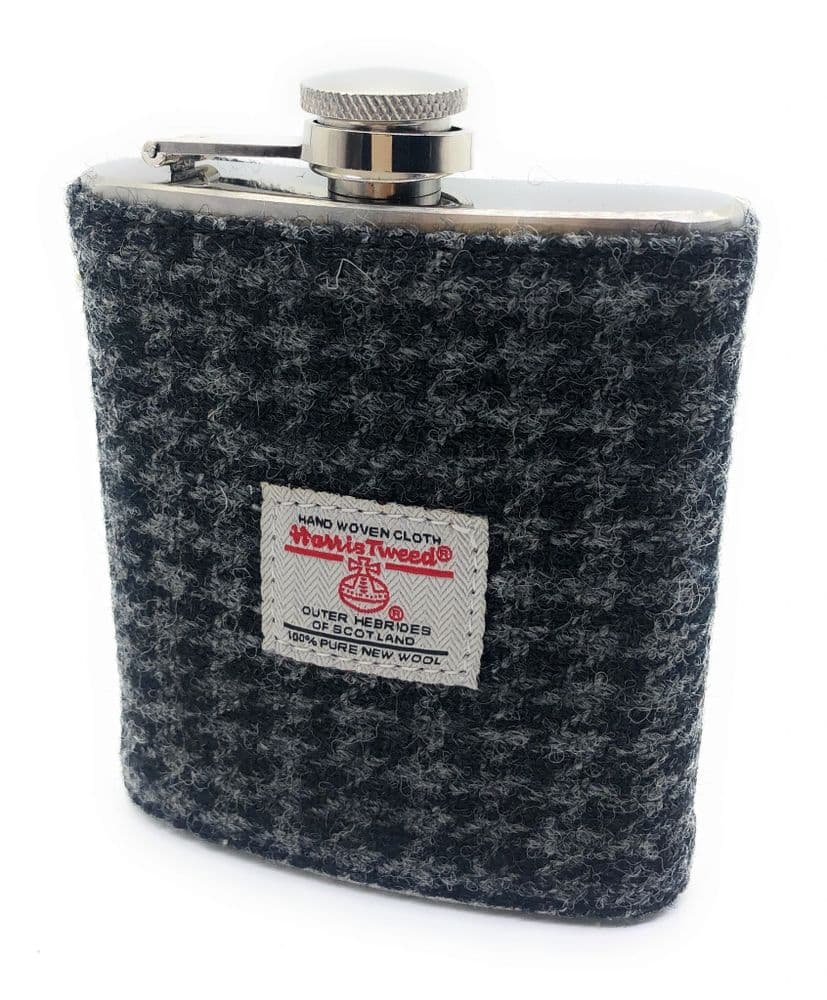 Authentic Harris Tweed 7oz Hip Flask Black & Grey Houndstooth - Made in Scotland