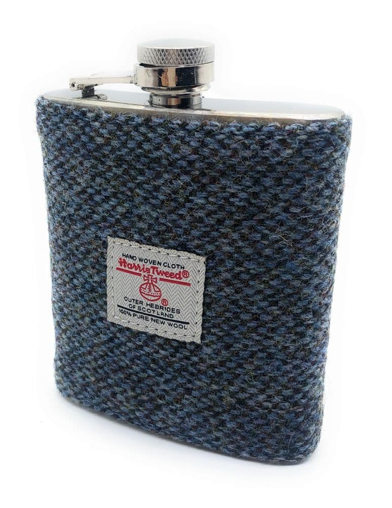 Authentic Harris Tweed 7oz Hip Flask Blue Fleck - Made in Scotland