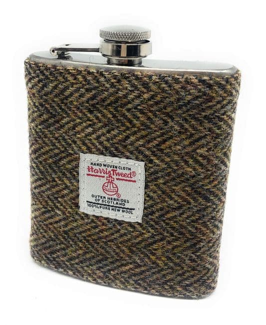 Authentic Harris Tweed 7oz Hip Flask Brown Herringbone - Made in Scotland