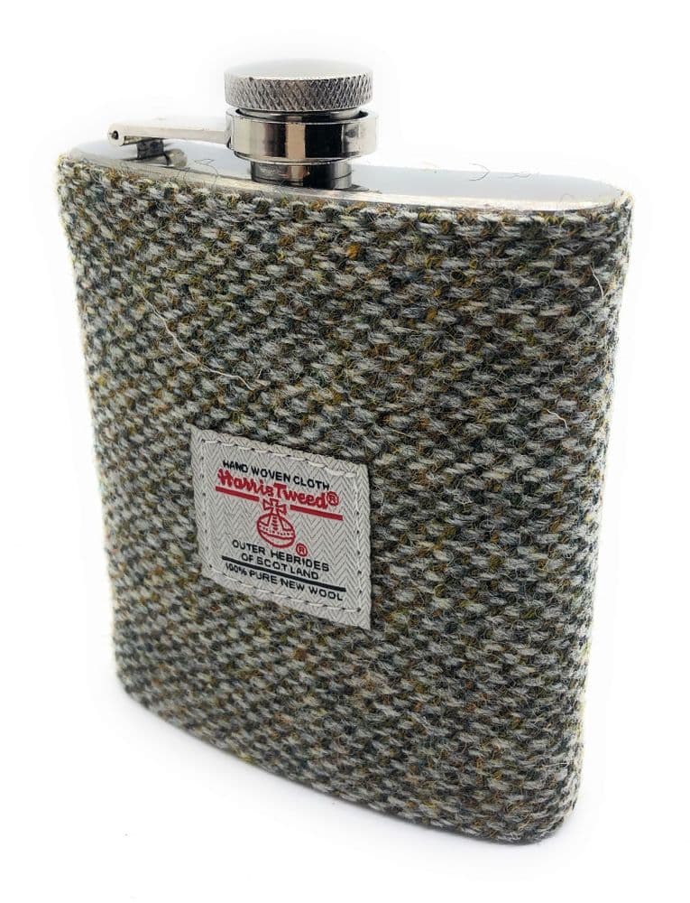Authentic Harris Tweed 7oz Hip Flask Green Fleck - Made in Scotland