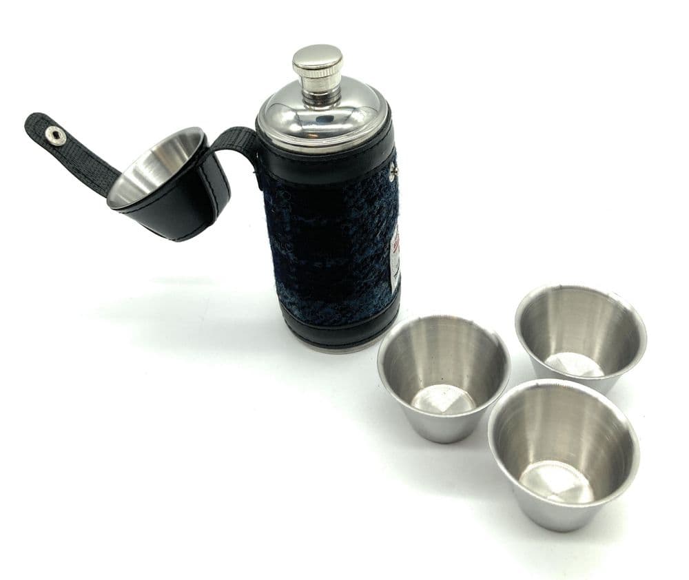 Authentic Harris Tweed 8oz Hunting Hip Flask Blue & Grey Check