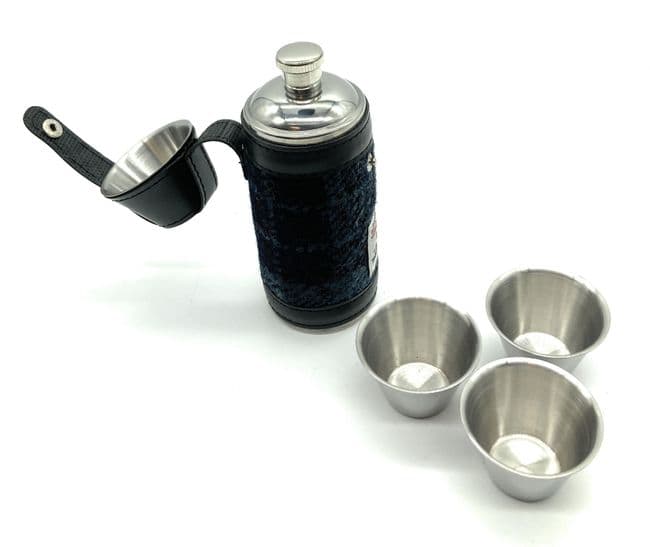 Authentic Harris Tweed 8oz Hunting Hip Flask Blue & Grey Check