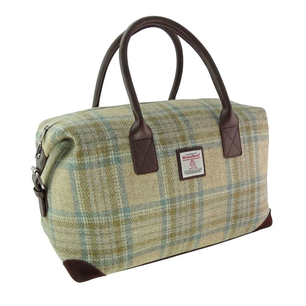 Authentic Harris Tweed Beige Stewart Tartan Travel Overnight Holdall Bag