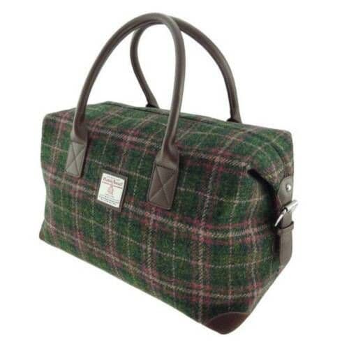 Authentic Harris Tweed Dark Green Plum Check Travel Overnight Holdall Bag