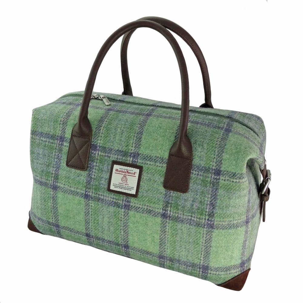Authentic Harris Tweed Faded Green Stewart Tartan Travel Overnight Holdall Bag