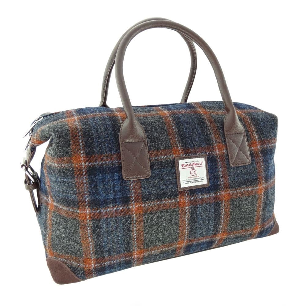 Authentic Harris Tweed Grey with Rust Overcheck Travel Overnight Holdall Bag