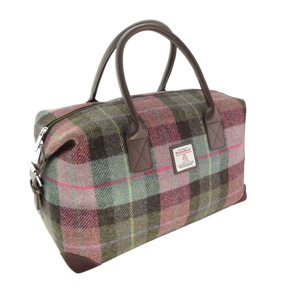 Authentic Harris Tweed Muted Green & Purple Tartan Travel Overnight Holdall Bag