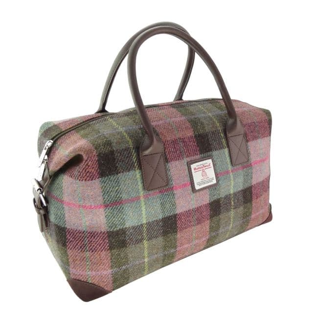 Authentic Harris Tweed Muted Green & Purple Tartan Travel Overnight Holdall Bag