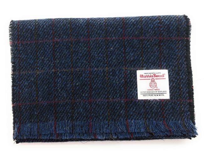 Authentic Harris Tweed Unisex Blue Herringbone with Check Line Tweed Scarf- Made In Scotland