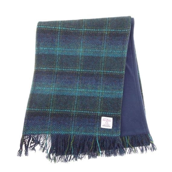Authentic Harris Tweed Unisex  Blue with Turquoise Overcheck Tweed Scarf- Made In Scotland