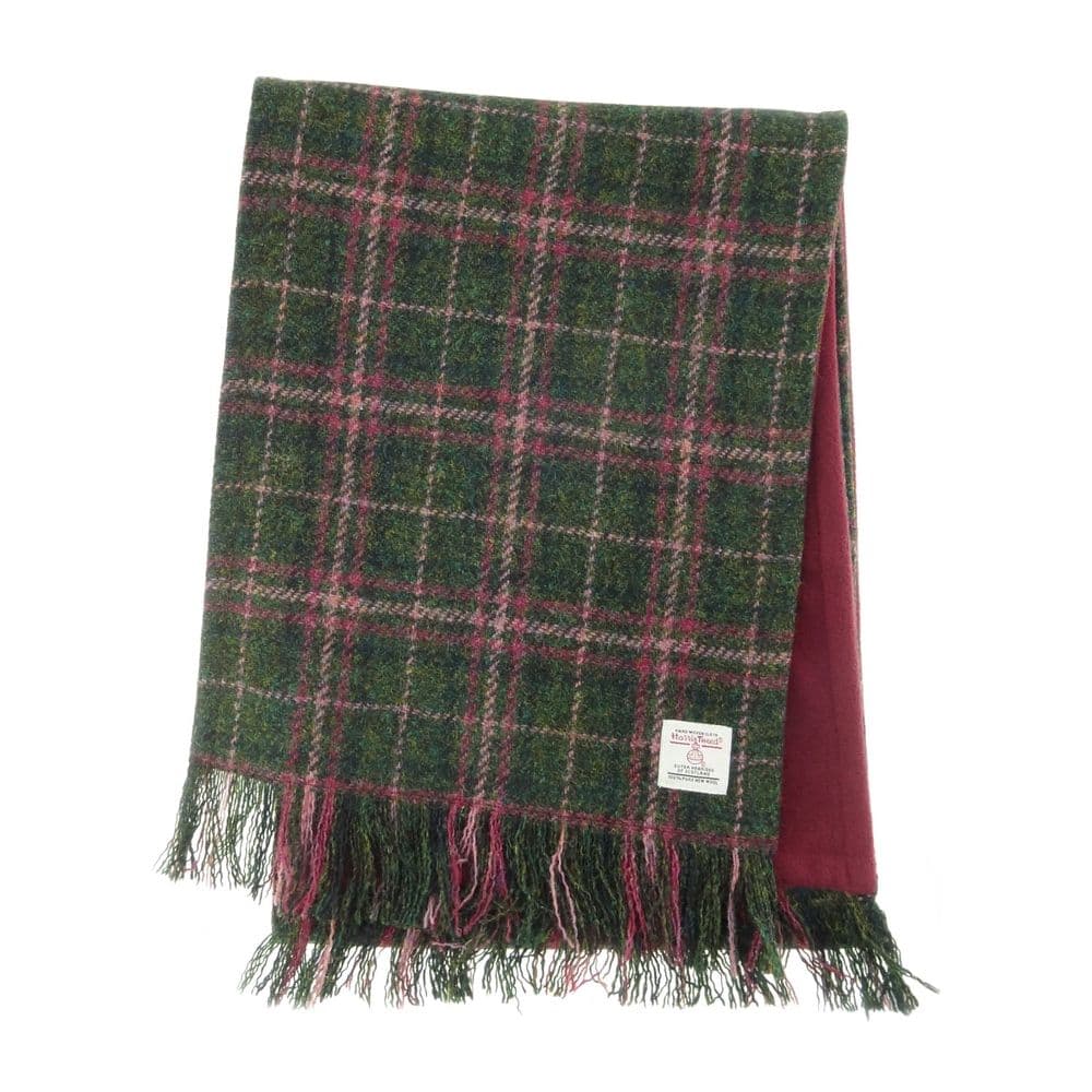 Authentic Harris Tweed Unisex Dark Green & Plum Check Tweed Scarf- Made In Scotland