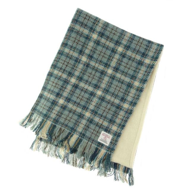 Authentic Harris Tweed Unisex Duck Egg & Cream Check Tweed Scarf- Made In Scotland