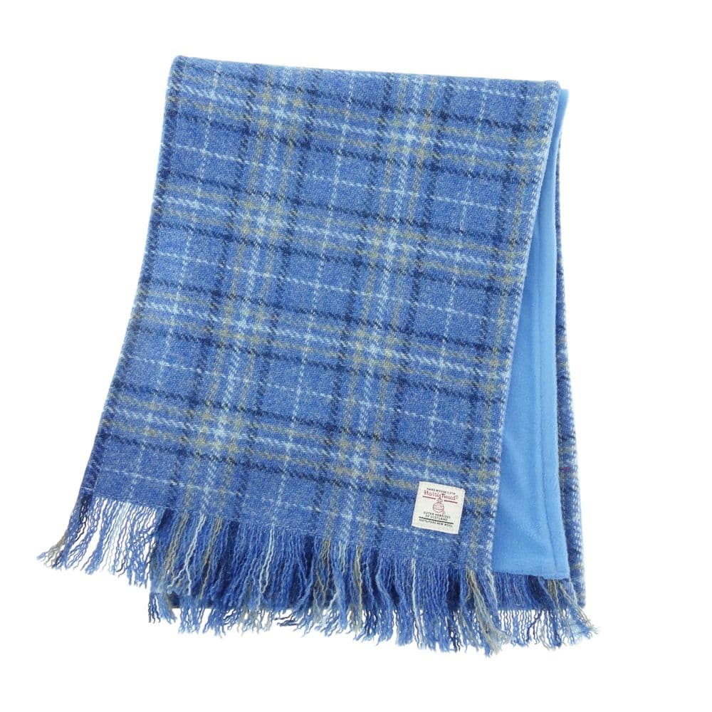 Authentic Harris Tweed Unisex Light Blue Check Tartan Tweed Scarf- Made In Scotland