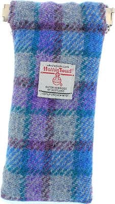 Authentic Harris Tweed Unisex Soft Glasses Case in Blue/Purple Check on Grey