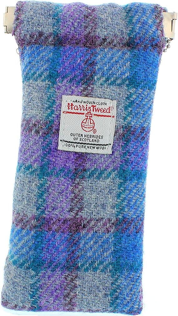 Authentic Harris Tweed Unisex Soft Glasses Case in Blue/Purple Check on Grey
