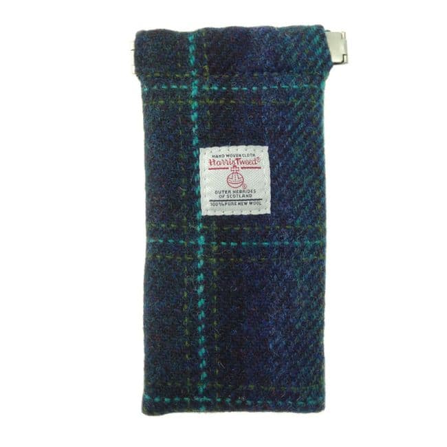 Authentic Harris Tweed Unisex Soft Glasses Case in Blue with Turquoise Overcheck