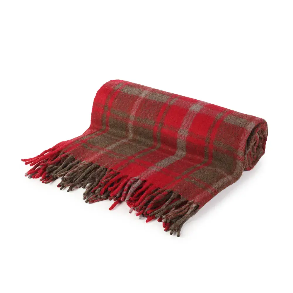Dark Maple Tartan Wool Blend Throw Travel Blanket 155cm x 190cm