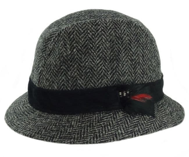Gents Authentic Harris Tweed Charcoal Herringbone Trilby Hat With Moleskin Band