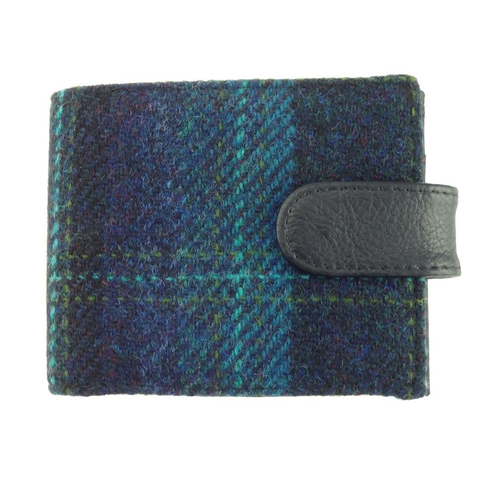 Gents Authentic Harris Tweed Classic Coin Wallet in Blue with Turquoise Overcheck