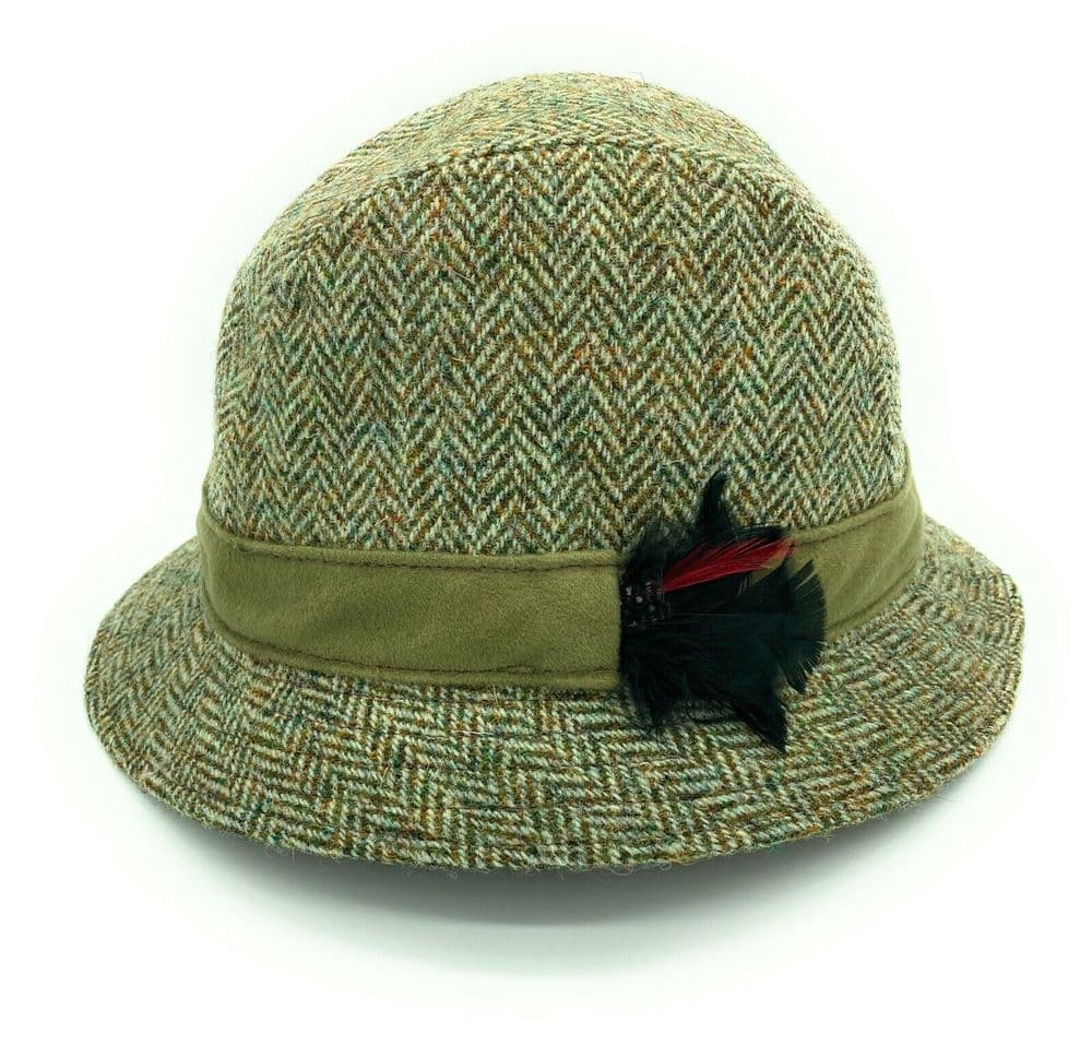 Gents Authentic Harris Tweed Green Herringbone Trilby Hat With Moleskin Band