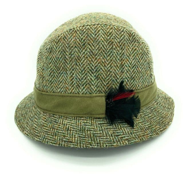 Gents Authentic Harris Tweed Green Herringbone Trilby Hat With Moleskin Band