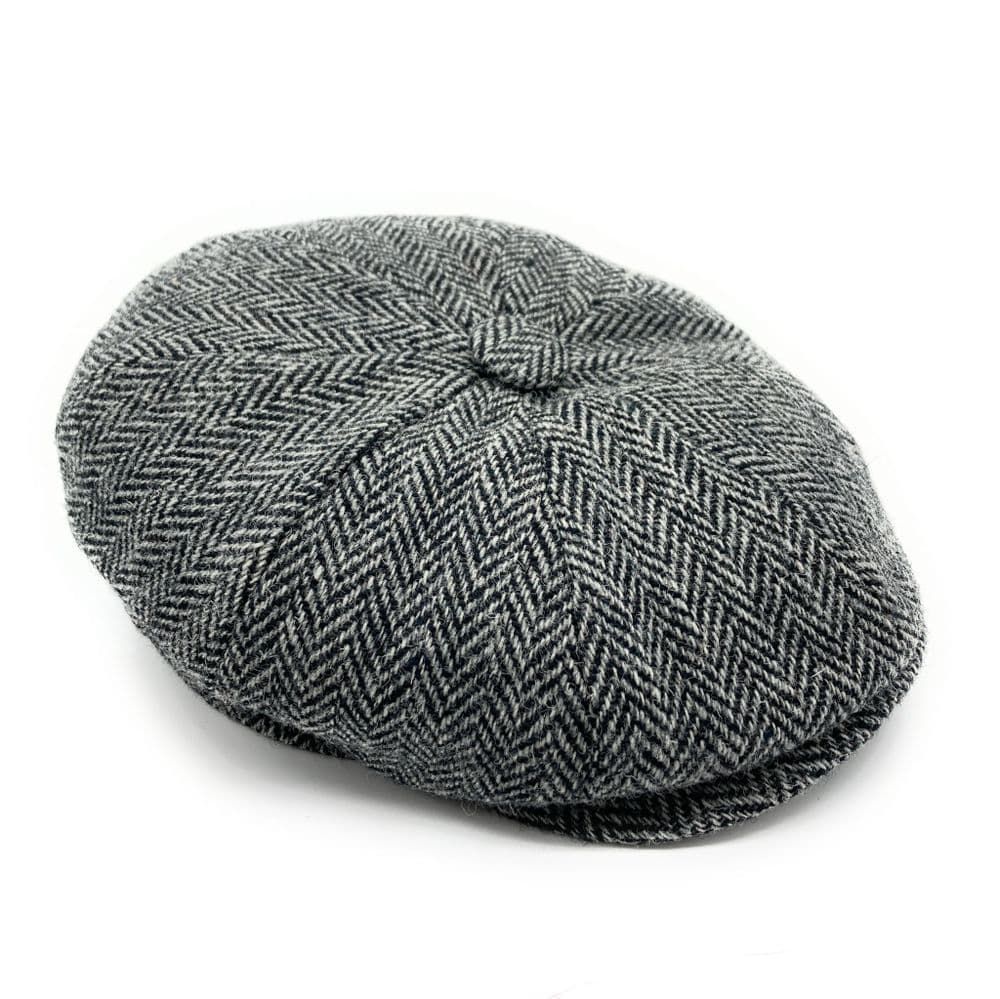 Gents Authentic Harris Tweed Grey Herringbone Newsboy Shelby Cap - Made in UK