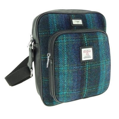 Gents Authentic Harris Tweed Messenger Travel Bag Dark Green  Check