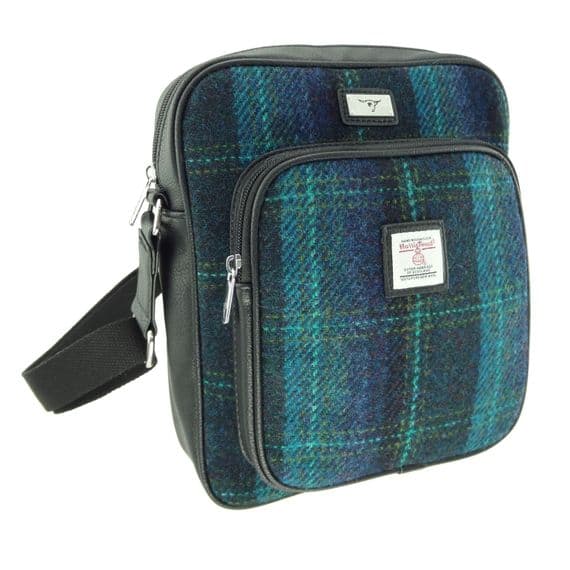 Gents Authentic Harris Tweed Messenger Travel Bag Dark Green  Check
