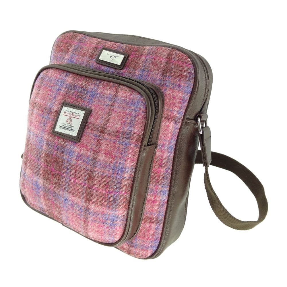 Gents Authentic Harris Tweed Messenger Travel Bag Pink Check