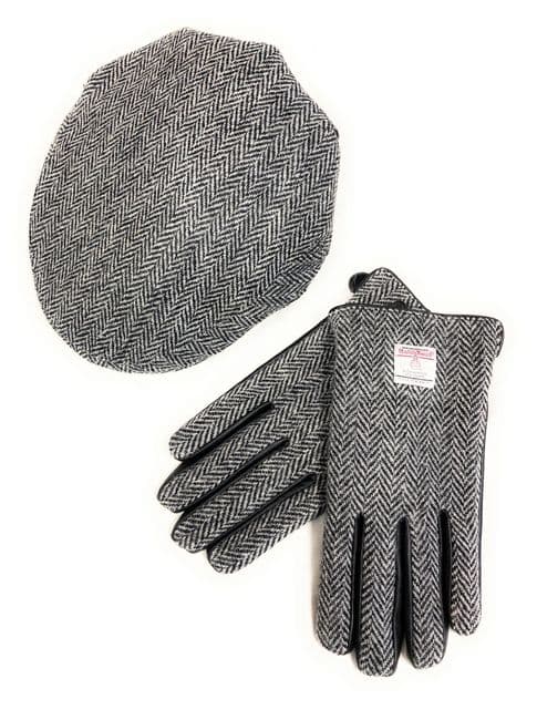 Gents Authentic Harris Tweed  One Size Flat Cap & Matching Gloves Set -  Made in UK