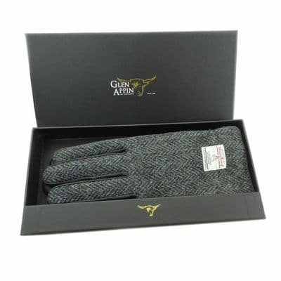 Gents Authentic Harris Tweed & Real Leather Gloves Charcoal Herringbone