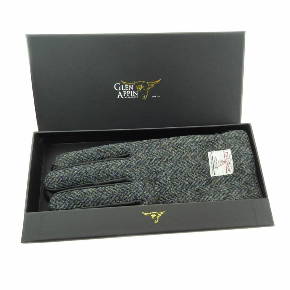 Gents Authentic Harris Tweed & Real Leather Gloves Charcoal Herringbone