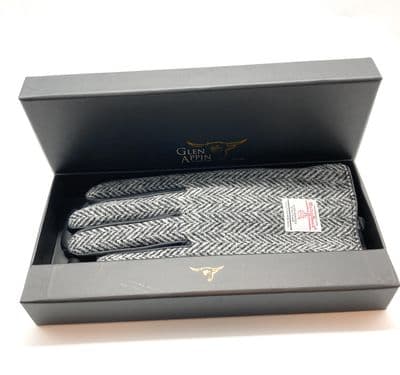 Gents Authentic Harris Tweed & Real Leather Gloves Grey Herringbone