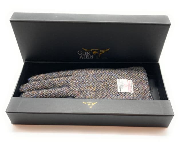 Gents Authentic Harris Tweed & Real Leather Gloves Heather Herringbone