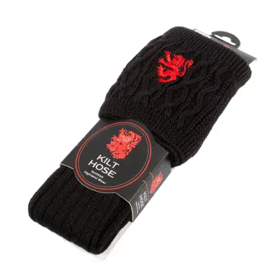 Gents Blend Wool Red Lion Rampant Embroidered Off Black Kilt Hose Socks