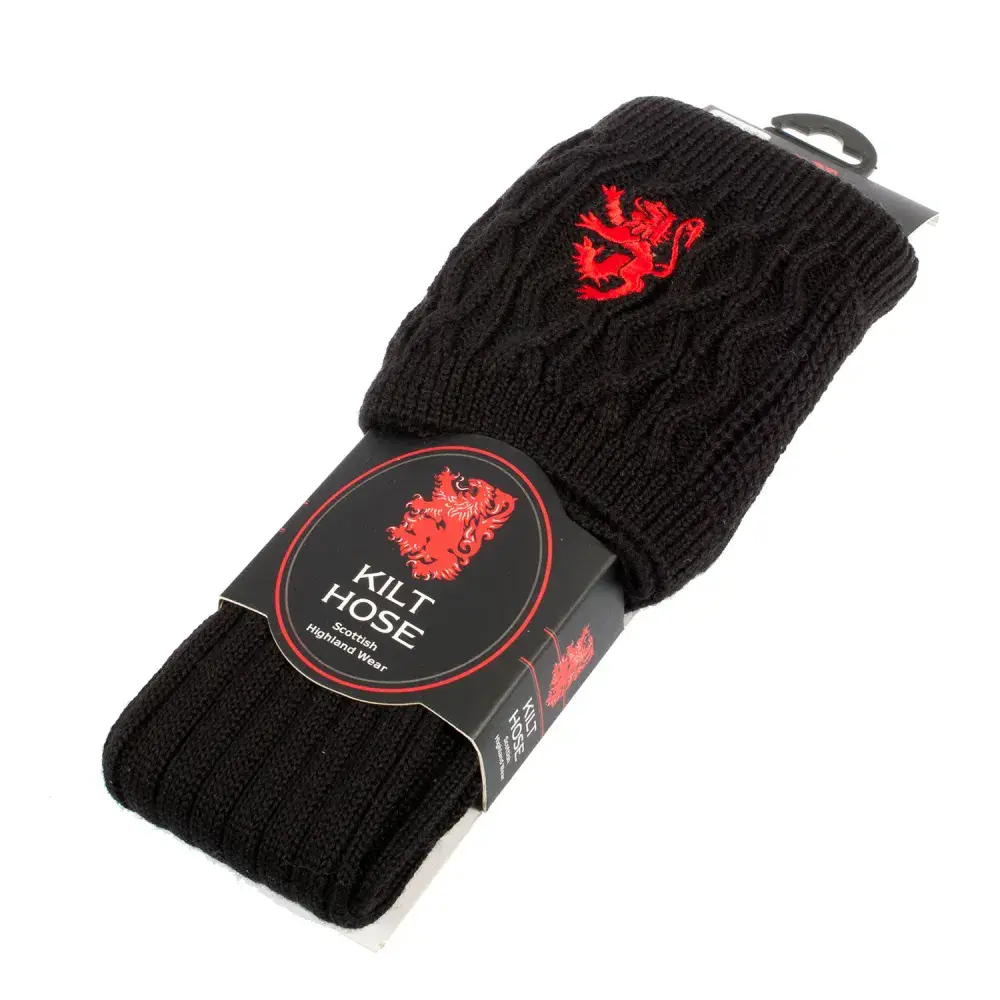 Gents Blend Wool Red Lion Rampant Embroidered Off Black Kilt Hose Socks
