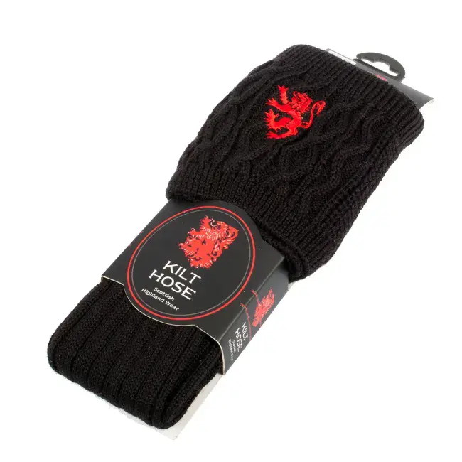 Gents Blend Wool Red Lion Rampant Embroidered Off Black Kilt Hose Socks