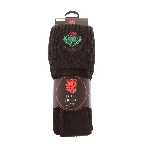 Gents Blend Wool Thistle Embroidered Off Black Kilt Hose Socks