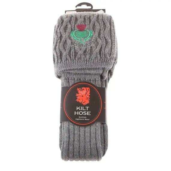 Gents Blend Wool Thistle Embroidered Off Charcoal Kilt Hose Socks