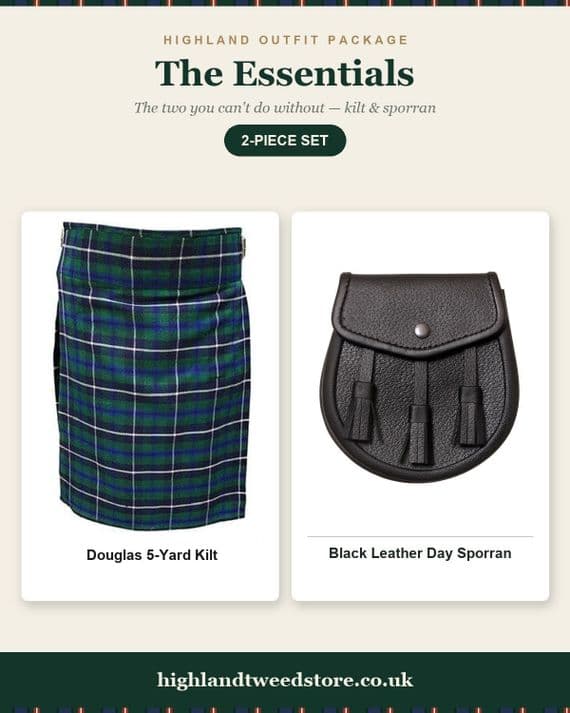 Gents Douglas Modern Tartan 5 Yard Kilt & Casual Day Sporran Set