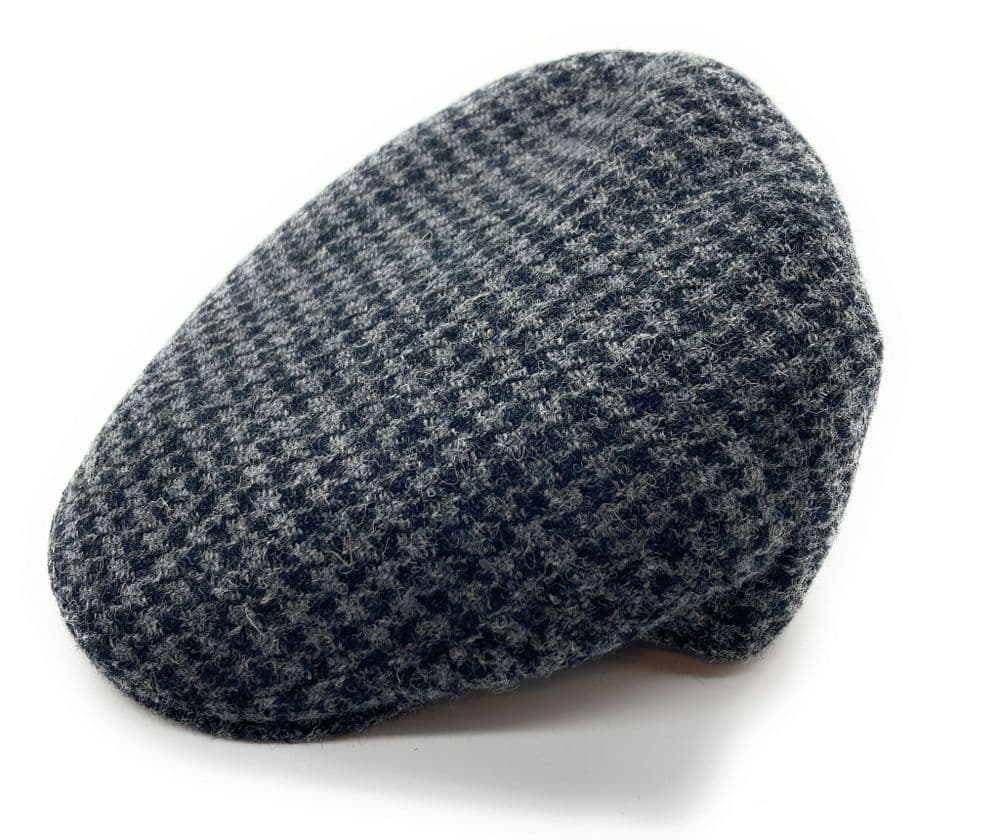 Gents Grey & Black Dogtooth Harris Tweed Flat Cap