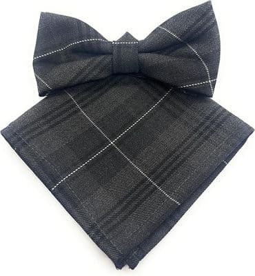 Gents Grey Granite Tartan Bow Tie & Pocket Square Set