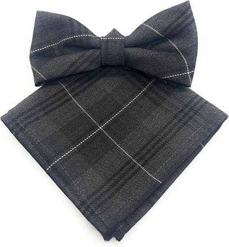 Gents Grey Granite Tartan Bow Tie & Pocket Square Set