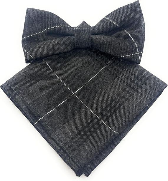 Gents Grey Granite Tartan Bow Tie & Pocket Square Set
