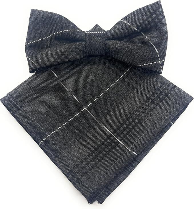 Gents Grey Granite Tartan Bow Tie & Pocket Square Set