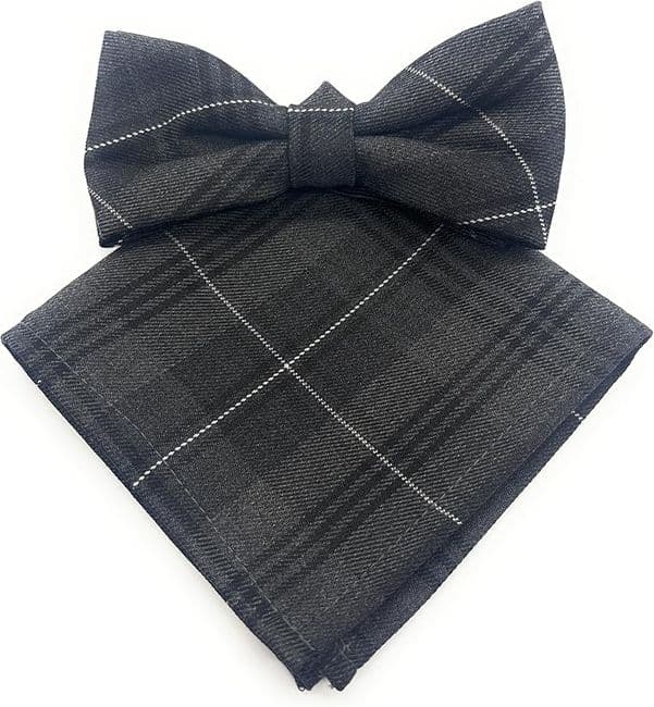 Gents Grey Granite Tartan Bow Tie & Pocket Square Set