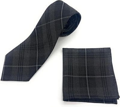 Gents Grey Granite Tartan Tie & Matching Pocket Square Set | Classic Tartan Gift Set